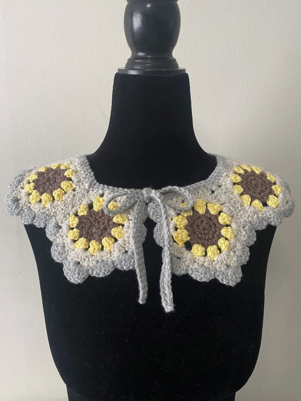 Handmade Crochet Grey Cream Yellow Brown Sunflower Collar Neckwear Accessory
